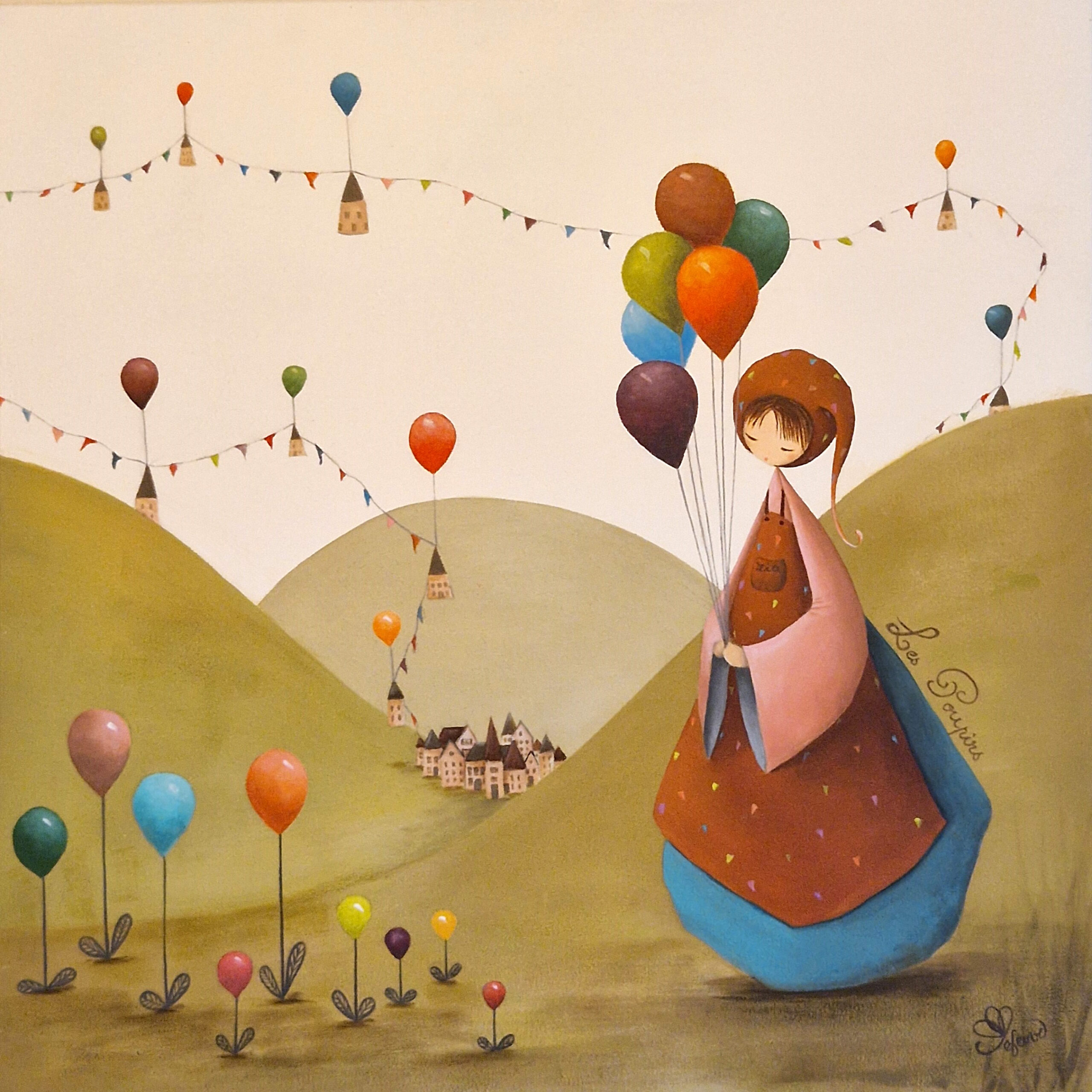 tableau décoratif personnalisé pour une chambre d’enfant représentant un petit personnage appelé Poupir qui confectionne une guirlande de maisons accrochées à des ballons colorés.