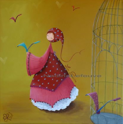 tableau personnalisé dans les tons de vert et rose représentant un personnage appelé Poupir faisant s'envoler d'une cage des oiseaux colorés.