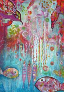 Acrylique sur toile semi abstraite avec un décor de poissons et oiseaux colorés réalisée par Nadine Lefeuve.