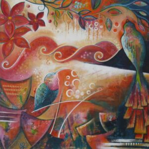 Acrylique sur toile semi abstraite avec un décor coloré d'oiseaux de fleurs et d'arabesques florales entremêlées réalisée par Nadine Lefeuve.