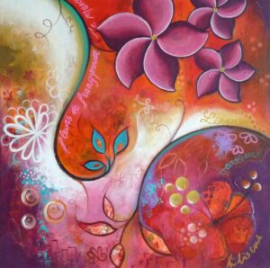 Acrylique sur toile semi abstraite avec un décor coloré de fleurs et d'arabesques florales entremêlées réalisée par Nadine Lefeuve.