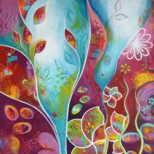 Acrylique sur toile semi abstraite avec un décor coloré de fleurs et d'oiseaux entremêlés réalisée par Nadine Lefeuve.