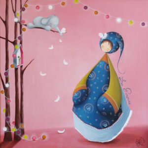 tableau décoratif dans les tons de rose et bleu pour une chambre d’enfant représentant un petit personnage appelé Poupir regardant un éléphanteau tenant une plume dans la trompe, allongé sur une branche d'arbre décoré d'une guirlande multicolore.