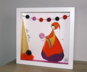 Cadre vitrine de Nadine Lefeuve représentant son personnage appelé Poupir peint sur papier dans un décor en 3D fait mains.