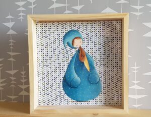 Peinture sur papier décor de Nadine Lefeuve représentant son petit personnage appelé Poupir