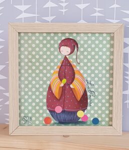 Peinture sur papier décor de Nadine Lefeuve représentant son petit personnage appelé Poupir qui découpe des ronds de papiers