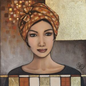 tableau peinture à l'huile et feuille d'or d'un portrait de femme avec turban composition graphique petit format réalisée par Nadine Lefeuve