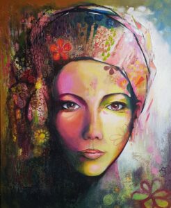 Peinture acrylique colorée d'une femme avec un turban réalisée par Nadine Lefeuve