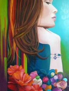 Peinture acrylique colorée d'une femme de profil réalisée par Nadine Lefeuve