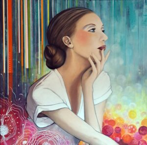 tableau de peinture acrylique très coloré d'un portrait de femme avec un chignon dans une posture songeuse décor éclectique de fleurs perles et rayures réalisée par Nadine Lefeuve