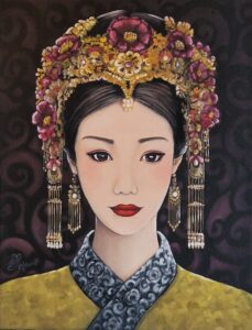 Tableau de peinture d'un portrait d'indonésienne en kimono ocre vert col gris et couronne traditionnelle violet et or réalisée par Nadine Lefeuve
