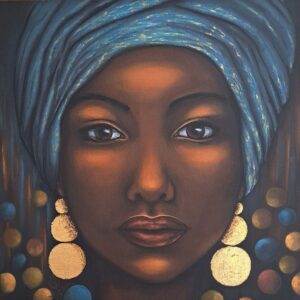 tableau de peinture acrylique d'une femme africaine avec un turban bleu et des boucles d'oreilles en feuille d'or réalisé par Nadine Lefeuve