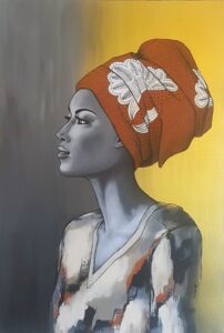 Peinture de femme africaine en turban brique fond or réalisée par Nadine Lefeuve