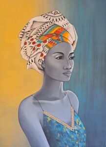 Peinture de femme africaine en turban motifs ethniques sur fond or réalisée par Nadine Lefeuve