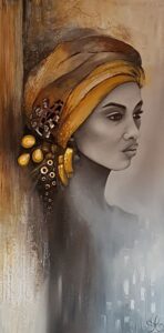 Peinture de femme africaine en turban ocre e boucles d'oreilles or réalisée par Nadine Lefeuve
