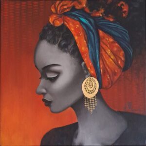 tableau de peinture acrylique d'une femme africaine avec un turban orange et bleu et des boucles d'oreilles en feuille d'or réalisé par Nadine Lefeuve