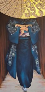 tableau de peinture d'une femme en kimono bleu marchant de face lors dans un défilé réalisé par Nadine Lefeuve