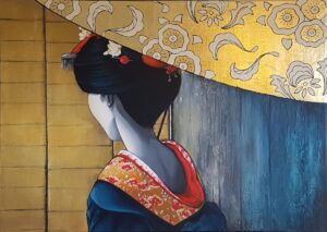 Peinture de geisha de dos en kimono bleu et rouge et ombrelle dorée réalisée par Nadine Lefeuve