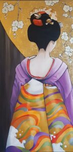 Tableau de peinture de geisha de dos en kimono mauve avec son obi ocre et multicolore et son ombrelle feuille d’or réalisée par Nadine Lefeuve