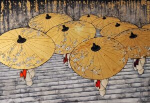 Tableau de peinture d'un groupe de geisha avec leur obi et leur ombrelle feuille d’or réalisée par Nadine Lefeuve