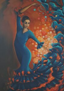 Peinture d'une espagnole en robe de flamenco bleue traditionnelle réalisée par Nadine Lefeuve