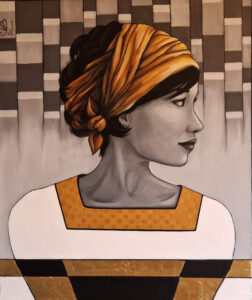 tableau de peinture d'une femme de profil avec turban noir blanc or réalisée par Nadine Lefeuve