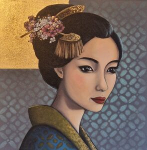tableau peinture à l'huile et feuille d'or d'un portrait de femme en kimono bleu et vert et coiffure traditionnelle fleurie petit format réalisée par Nadine Lefeuve