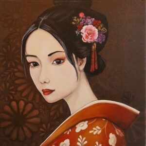 tableau de peinture d'une femme en kimono orange réalisée par Nadine Lefeuve