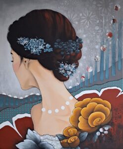 Peinture d'une femme en profil arrière et coiffure en chignon fleuri et décor floral et décoratif réalisée par Nadine Lefeuve