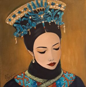 Peinture portrait de femme thaïlandaise en tenue traditionnelle bleu et orange avec sa couronne décorée de breloques bleue et or réalisée par Nadine Lefeuve