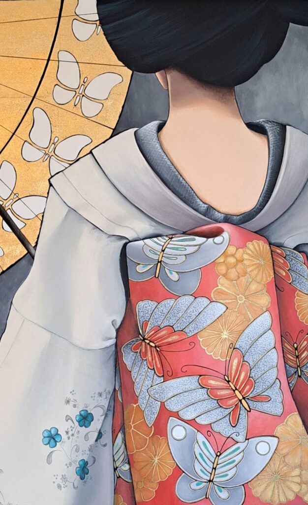 Tableau de peinture de geisha de dos avec son obi décor de papillons et son ombrelle feuille d’or réalisé par Nadine Lefeuve