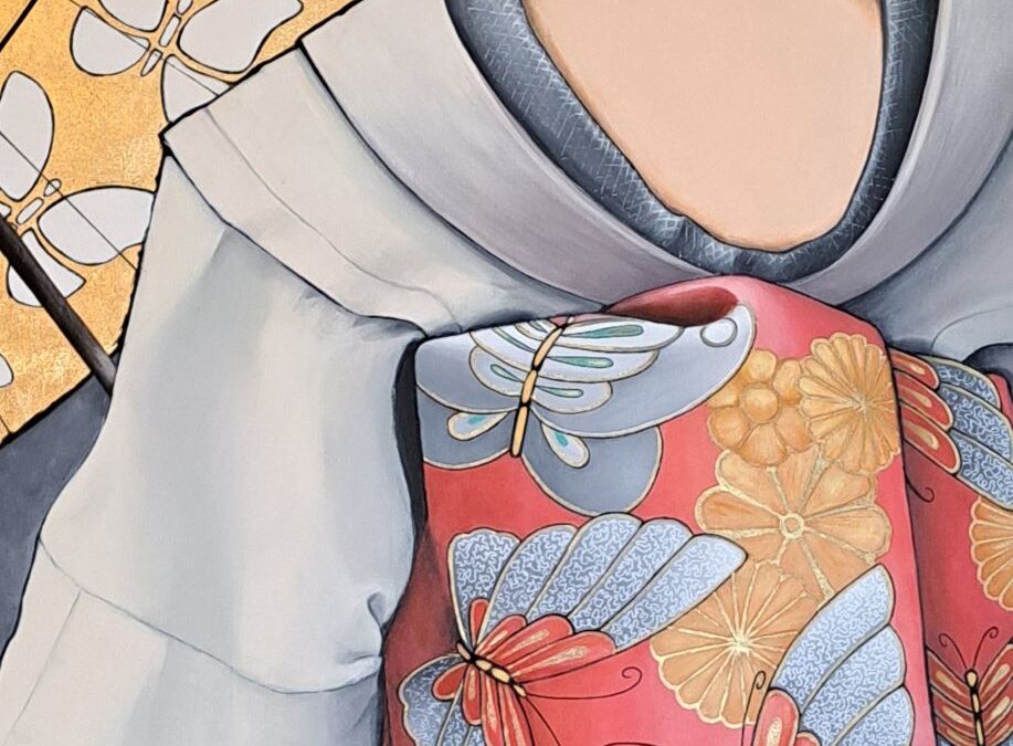 Tableau de peinture de geisha de dos avec son obi décor de papillons et son ombrelle feuille d’or réalisé par Nadine Lefeuve