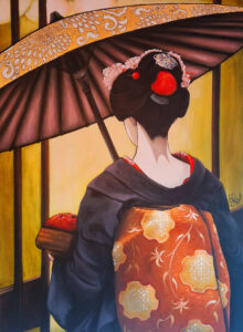 Peinture de geisha de dos en kimono bleu et ombrelle feuille d'or réalisée par Nadine Lefeuve