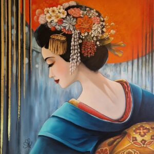tableau de peinture acrylique huile et feuille d'or d'une geisha de dos coiffure fleurie orange et kimono bleu réalisée par Nadine Lefeuve