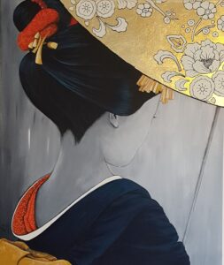 Peinture d'une geisha de profil en kimono bleu et ombrelle dorée réalisée par Nadine Lefeuve