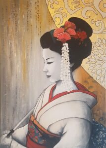 Peinture d'une geisha en kimono blanc et ombrelle feuille d'or réalisée par Nadine Lefeuve