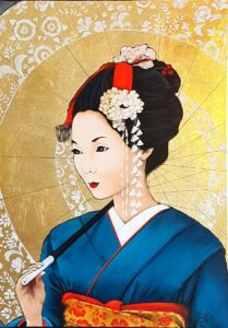 Peinture d'une geisha en kimono bleu et ombrelle feuille d'or réalisée par Nadine Lefeuve
