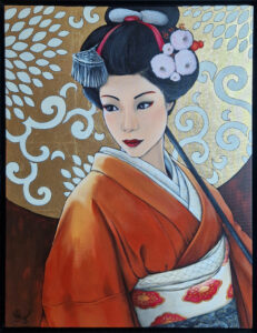 Tableau de peinture d'un portrait de geisha avec ombrelle feuille d’or réalisée par Nadine Lefeuve