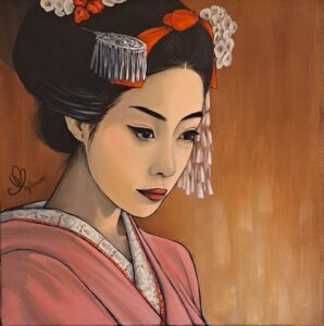 Peinture de geisha en kimono rose et coiffure traditionnelle réalisée par Nadine Lefeuve