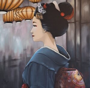 Peinture de geisha traditionnelle de profil en kimono bleu et décor de lanternes réalisée par Nadine Lefeuve