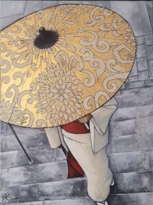Peinture d'une japonaise en kimono blanc sous une ombrelle dorée réalisée par Nadine Lefeuve