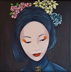 Peinture d'une japonaise en kimono bleu et coiffure fleurie réalisée par Nadine Lefeuve