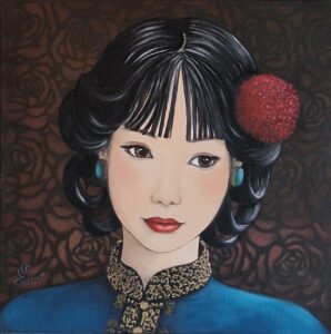 Peinture d'une femme japonaise en kimono bleu col brodé et chignon travaillé réalisée par Nadine Lefeuve