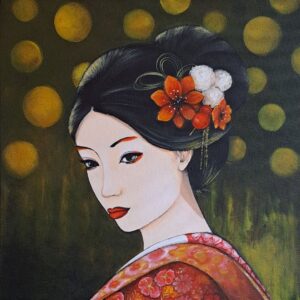 tableau de peinture d'une femme japonaise en kimono fleurie orange et fleurs dans les cheveux réalisé par Nadine Lefeuve