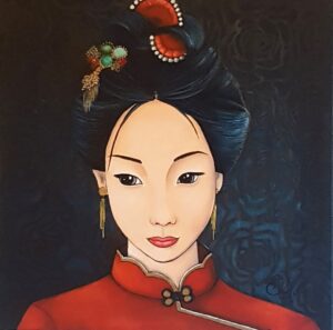 tableau de peinture et portrait de femme japonaise en kimono rouge col mao et coiffure en chignon décoré sur fond bleu au pochoir réalisée par Nadine Lefeuve