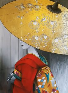 Peinture d'une japonaise en kimono rouge sous une ombrelle or réalisée par Nadine Lefeuve