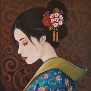 Peinture d'une japonnaise en kimono bleu et coiffure fleurie réalisée par Nadine Lefeuve