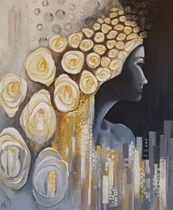 Peinture noir blanc or de femme en vue arrière réalisée par Nadine Lefeuve