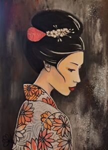 Huile sur papier 400G femme japonaise de profil en kimono fleuri réalisée par Nadine Lefeuve
