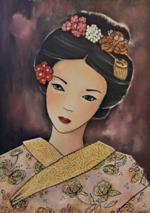 Peinture huile sur papier 400G d'une jeune japonaise en kimono fleuri mauve réalisée par Nadine Lefeuve